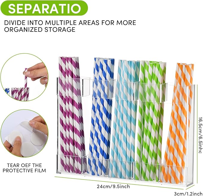 Clear Acrylic Straw Holder for Cabinet Door - Reusable Straw Organizer with Adhesive Backing, Space-Saving Kitchen Storage for Counter/Cupboard (Large, Transparent)-NeatNest