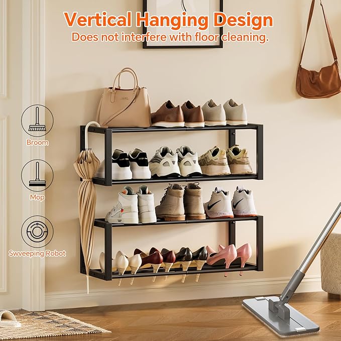 Homeiju Hanging Shoe Organizer,2 Pack Wall Mounted Shoe Rack Holds 12 Pairs,Space Saving Metal Wall Shoe Rack,Hanging Shoe Rack Shoe Holder for Small Space,Entryway,Closet,RV,Camper（Black-NeatNest
