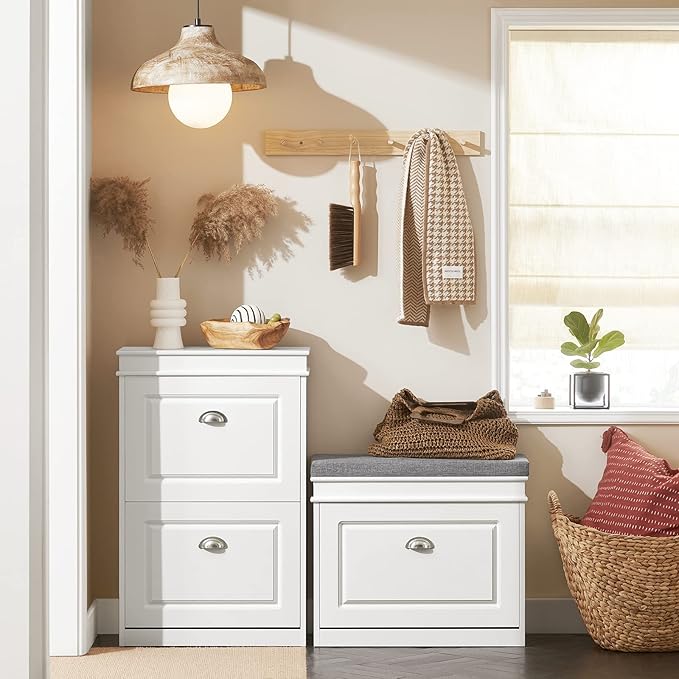 Haotian White Hallway Shoe Bench, Narrow Shoe Rack Entryway, Small Shoe Cabinet with 1 Flip-Drawer and Seat Cushion, FSR82-K-W-NeatNest
