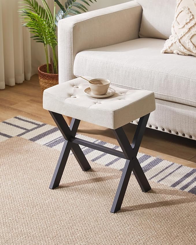 IBUYKE U-Shaped Linen Vanity Stool, Square Makeup Chair with X-Leg, Ottoman Seat Footrest Stool, Multi-Use as Small Side Table, for Bedroom, Living Room, Linen WBD018Y