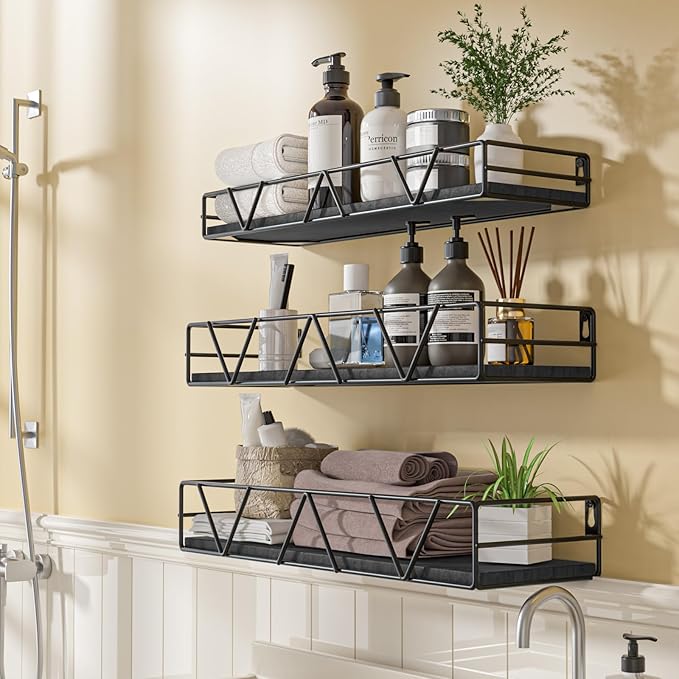 Floating Shelves Set of 3, Home Wood Wall Shelf, Farmhouse Shelf for Bedroom, Wall Mounted Floating Shelf for Living Room, Bedroom, Bathroom, Kitchen, Office (Black 2)-NeatNest