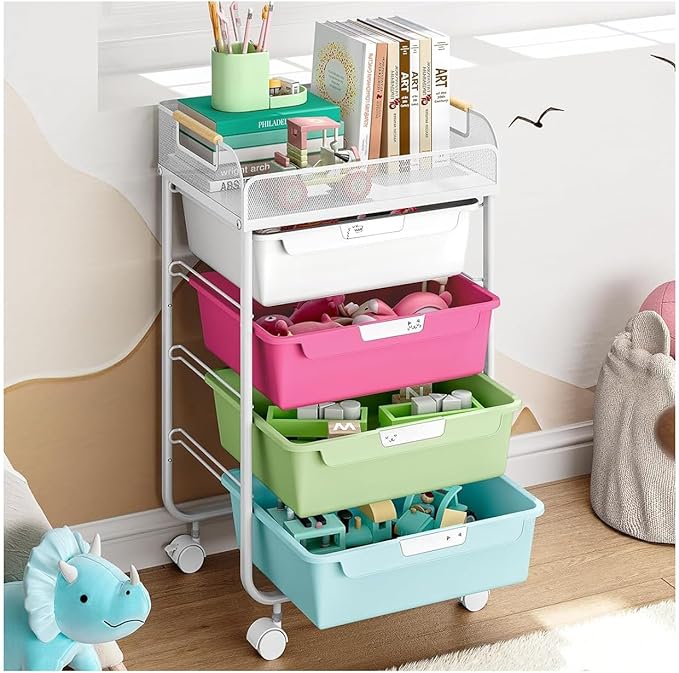 Utility Cart with Drawers,Rolling Cart with Drawers,Craft Cart,Storage Cart with 4 Drawers & DIY Lable for Office Kids Room Bedroom, Multicolor