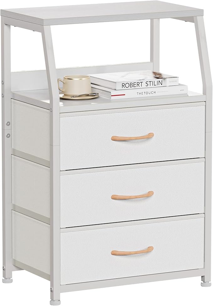 Furnulem White Nightstand with 3 Drawers and 2-Tier Shelf, Small Night Stand End Table Side Furniture, Fabric Storage Organizer for Bedroom, Closet, Hallway, Nursery, Sturdy Steel Frame, Wood Top-NeatNest