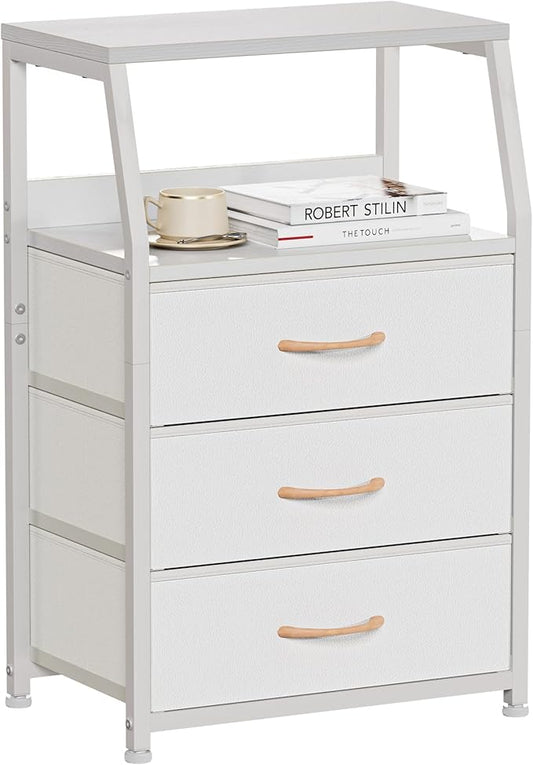 Furnulem White Nightstand with 3 Drawers and 2-Tier Shelf, Small Night Stand End Table Side Furniture, Fabric Storage Organizer for Bedroom, Closet, Hallway, Nursery, Sturdy Steel Frame, Wood Top-NeatNest