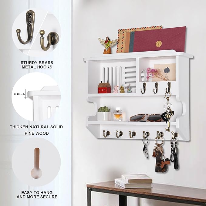 Key Holder for Wall, Mail and Key Holder for Home Decor, Key and Mail Holder for Wall with Key Hooks, White