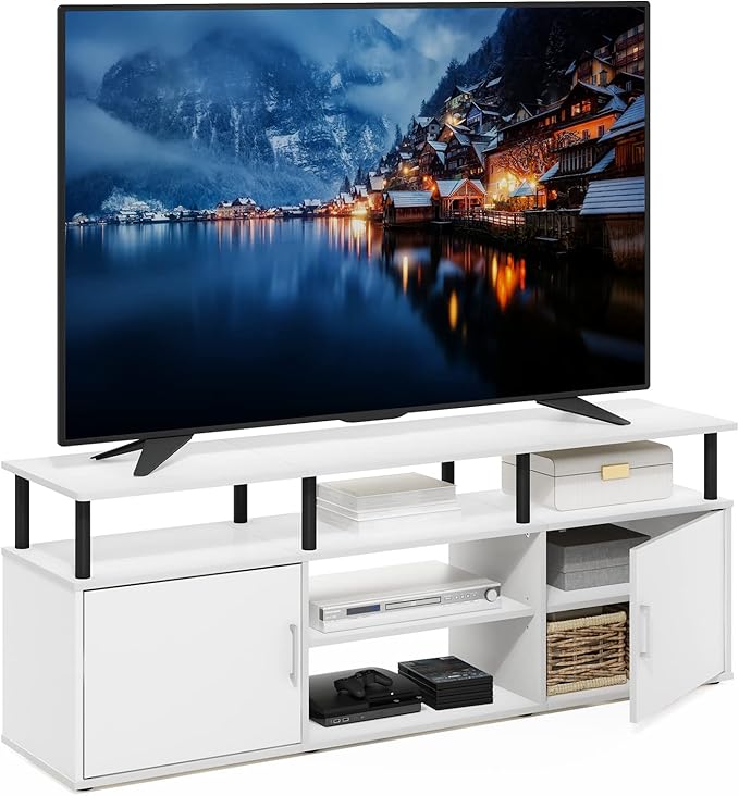 Furinno Jensen Entertainment Center Stand for TV up to 70 Inch, Plastic Pole, Solid White/Black-NeatNest