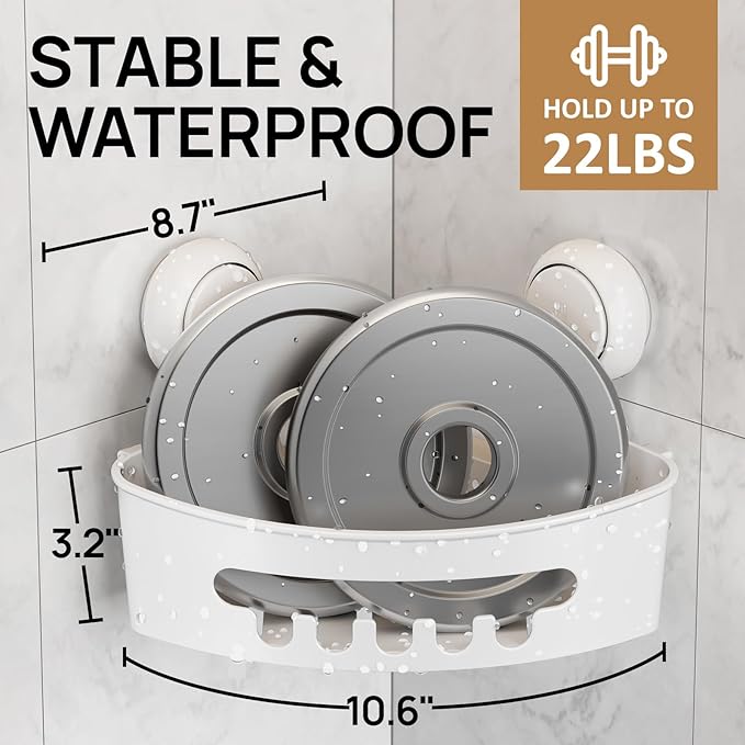 LEVERLOC Corner Shower Caddy Suction Cup, shower shelves suction cup, 2 Pack Basket Powerful Bathroom, Waterproof & Oil-proof Organizer for Kitchen, No-Drilling Removable