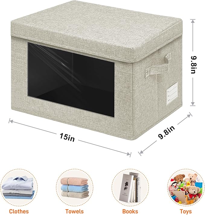 3-Pack Fabric Storage Bins with Lids, Foldable Storage Boxes with Handles & Clear Window, Closet Organizers for Clothes, Books (Beige, 3PCS/14.9 x 9.8 x 9.8 in)-NeatNest