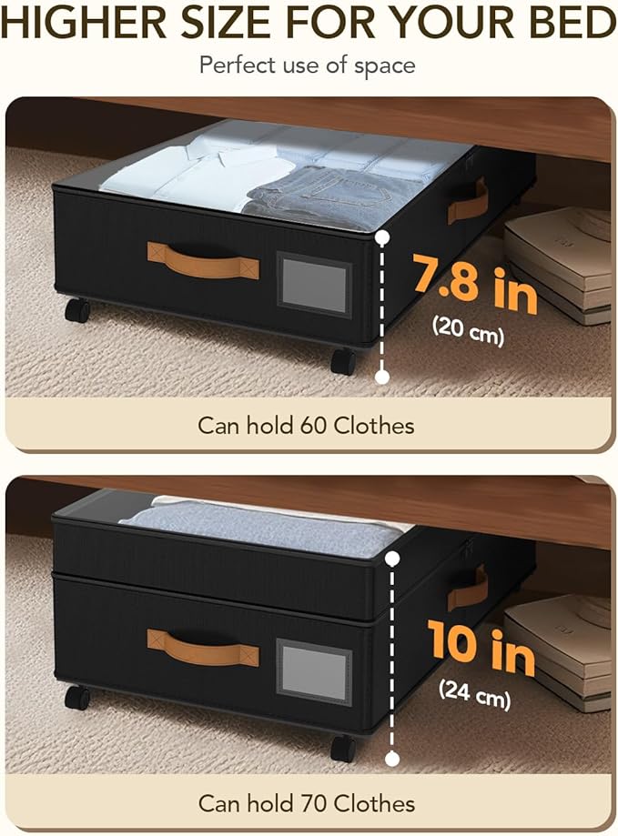 4 Pack Under Bed Storage with Wheels, Adjustable Height Storage Containers, 10 inches Large Capacity Rolling Underbed with Lids, Storage Drawers Shoes, Clothes, Blankets, Black-NeatNest