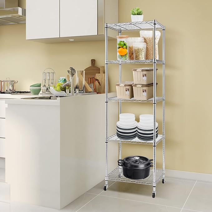 BNSPLY 5 Tier Narrow Wire Shelving Unit with Wheels, Height Adjustable Wire Shelves with NSF Certified, Mobile Metal Storage Rack for Kitchen, Laundry, Bathroom (17.7" D x 23.6" W x 71" H, Chrome)-NeatNest