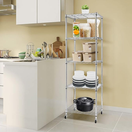BNSPLY 5 Tier Narrow Wire Shelving Unit with Wheels, Height Adjustable Wire Shelves with NSF Certified, Mobile Metal Storage Rack for Kitchen, Laundry, Bathroom (17.7" D x 23.6" W x 71" H, Chrome)-NeatNest