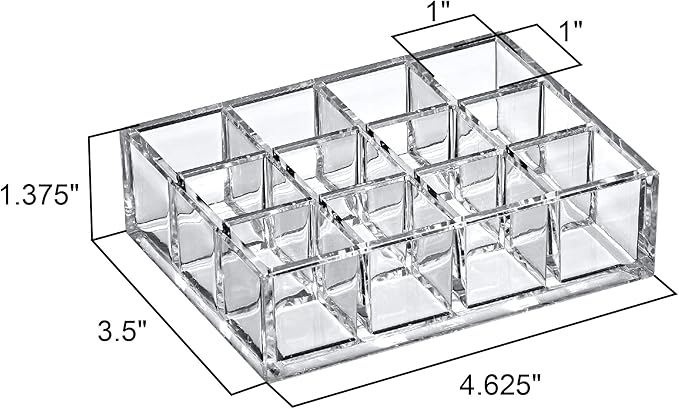 Amazing Abby - Allure - 12-Slot Acrylic Lipstick Organizer, Lipstick Holder, Lip Gloss Holder, Cosmetic Storage Display, Perfect Storage Solution for Drawer and Vanity (Slot Size: 1.0" x 1.0")-NeatNest