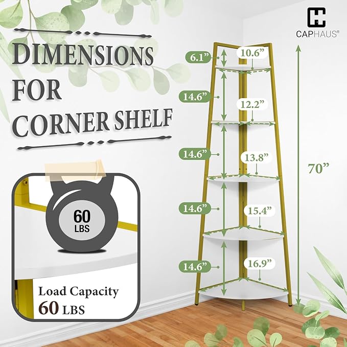 CAPHAUS Tall Corner Shelf Stand, 5-Tier Display Shelves, Ladder Corner Wood Storage Plant Bookshelf with Metal Frame, Versatile Shelving Unit Bookcase for Home Office Space, Gold-NeatNest