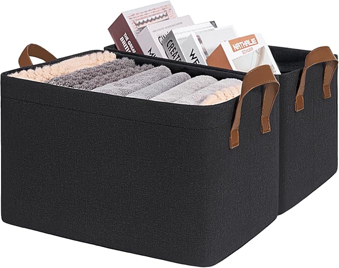 CHICVITA Large Storage Bins for Clothes and Toys, Black Fabric Bin for Living Room, 16 " L x 11" W x 9 " H, 2-Pack-NeatNest