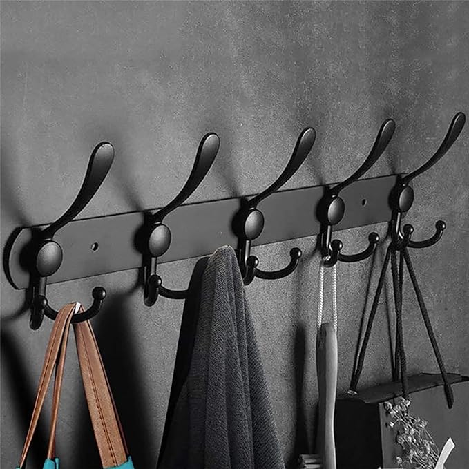 Coat Rack Wall Mounted,5 Tri Stainless Steel Coat Hook for Coat Hat Robes Towel in Mudroom Entryway (Black, 2 Pack 5 Hook)-NeatNest