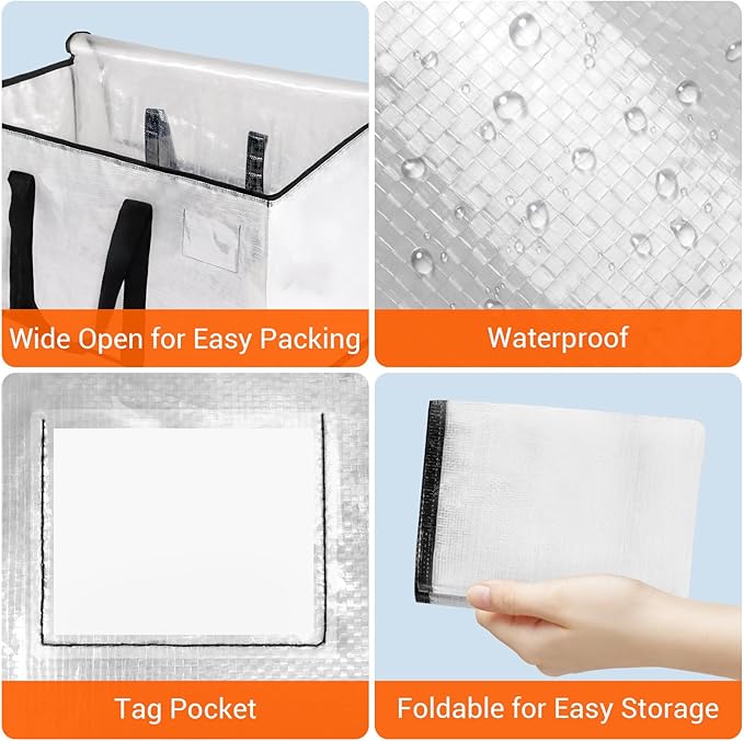 HomeHacks Clear Moving Bags Heavy Duty 8 Pack, Storage Bags with Zipper, Extra Thick Handles & Waterproof Packing Boxes for Moving, Camping, Home Organization 93L/24Gal (28.7"x14.2"x14")-NeatNest