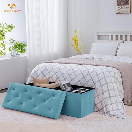 BRIAN & DANY 43 Inches Folding Storage Ottoman Bench, Velvet Ottoman with Storage for Living Room, Long Shoes Bench,Flannelette Footrest Benches Seat (Teal)-NeatNest