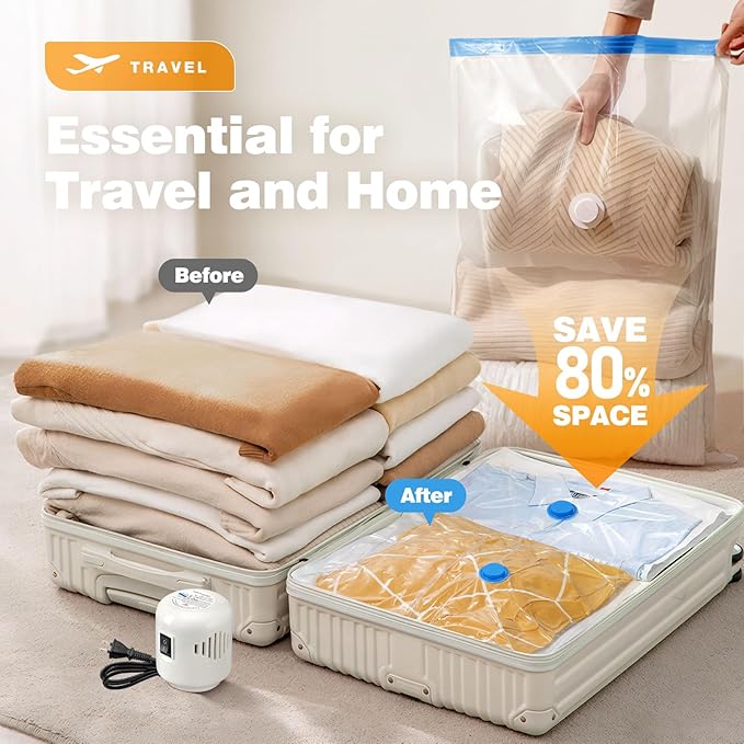16 Pack Travel Vacuum Storage Bags with Electric Pump, Vacuum Seal Bags for Clothing, Vacuum Sealer Bags for Luggage, Travel Essentials-NeatNest