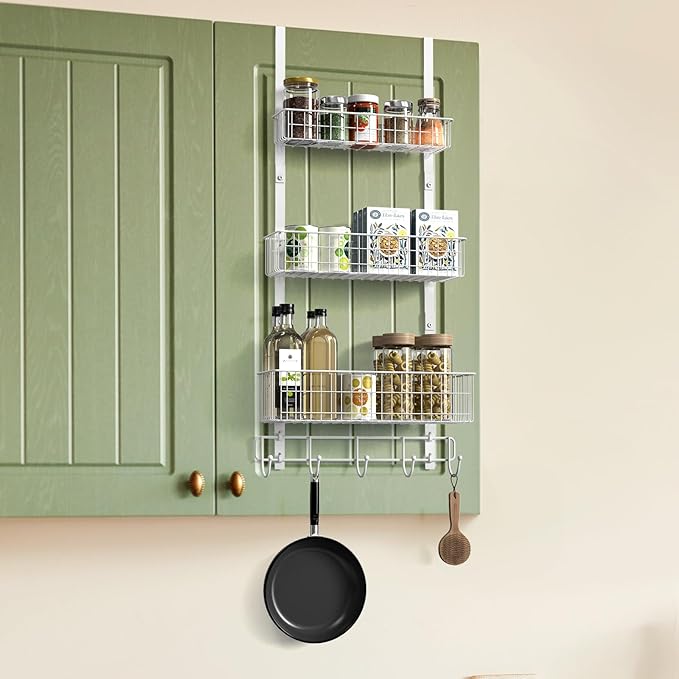 CADUKE Over The Door Organizer Hanger with Basket Hanger Door Towel Rack with 5 Hooks Back of Door Storage Organizer Behind Door Hooks Hanger Shelf for Bathroom, Kitchen, Office, White-NeatNest