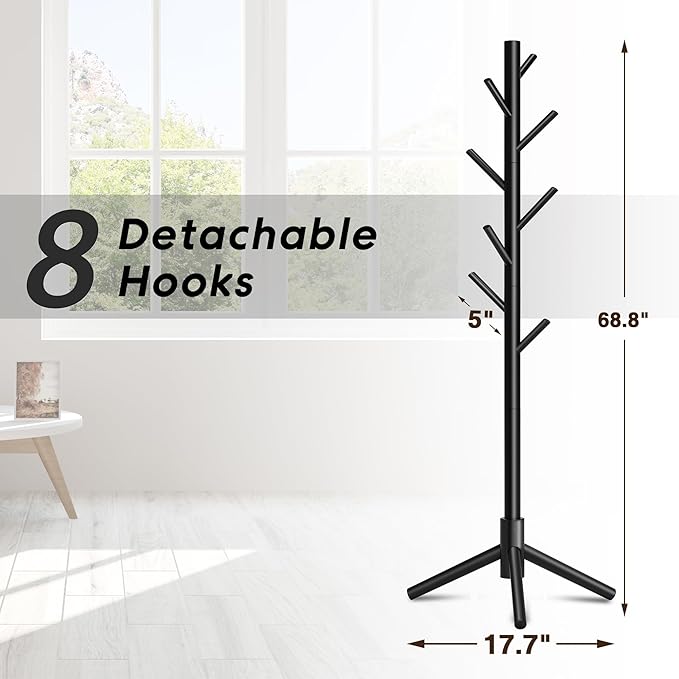 Wooden Coat Rack, Free Standing Coat Rack with 8 Hooks 3 Adjustable Heights for Clothes, Hats, Handbags, Coat Tree Easy Assembly for Entryway, Bedroom, Hallway, Office (New Black)-NeatNest