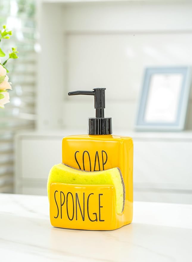 Ceramic soap Dispenser with Sponge Holder for Kitchen Sink Bathroom Counter top Storage and Organization (Yellow)-NeatNest