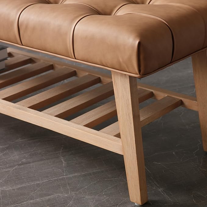Entryway Shoe Bench Storage Benches with Upholstered Button Tufted Seat and Open Slatted Shelf PU Leather Ottoman Bench for Hallway Living Room Bedroom End of Bed, Brown-NeatNest