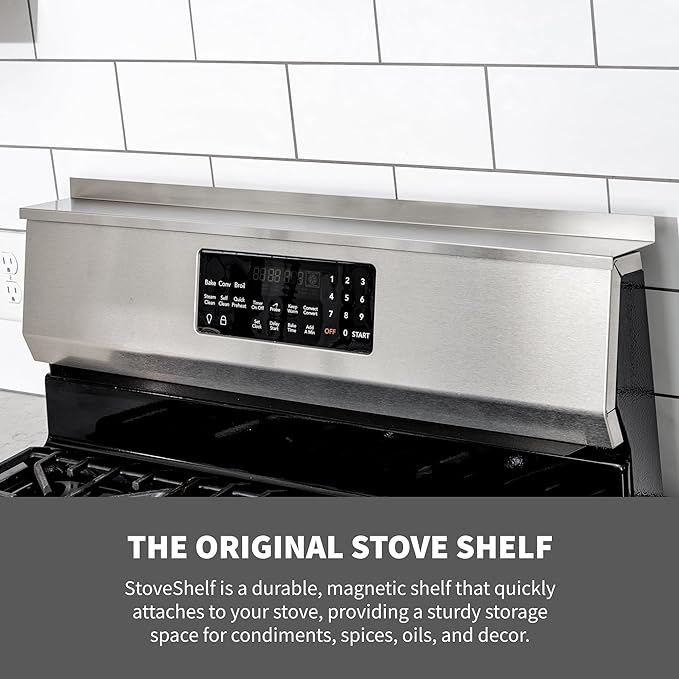 StoveShelf 20" Apartment Length Stainless Steel Finish Magnetic Shelf for Kitchen Stove - Kitchen Storage Solution with Zero Installation - Over Stove Spice Rack Organizer