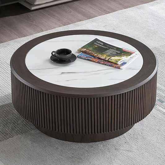 31.5'' Round Marble Coffee Table for Living Room Mid Century Modern Fluted Coffee Table Circle Center Tables with Pedestal for Apartment Dark Brown