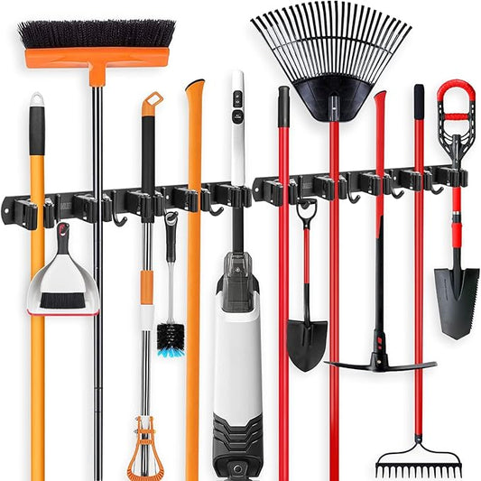 IMILLET 2 Pack Broom and Mop Holder Wall Mounted, Broom Holder Stainless Steel Broom Organizer Heavy Duty Tools Organizer Self Adhesive for Laundry Room Garage Garden（5 Racks and 4 Hooks）-NeatNest