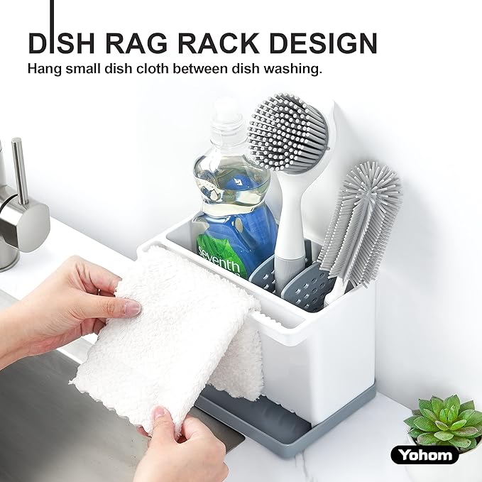 YOHOM Sink Brush Holder for Kitchen Sink Sponge Caddy Countertop Organizer Plastic Dish Scrubber Holder with Dividers-NeatNest