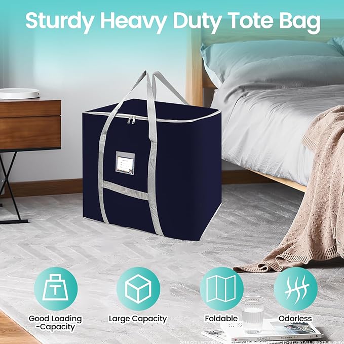 3 Pack Heavy Duty Moving Bags, Large Tote Bags, Space Saving, for Storage & Moving, with Reinforced Handles & Sturdy Zippers (Dark Blue)