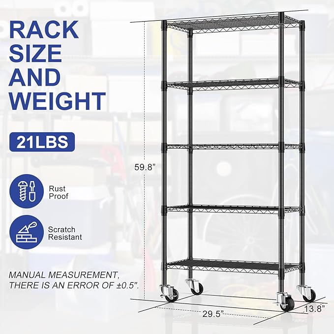 2 Pack 5 Tier Shelving Unit Wire Rack, Heavy Duty Adjustable Shelf Rolling Storage Shelves with Wheels, 14" D x 30" W x 60" H 750 lbs Capacity Kitchen Garage Pantry Shelves for Small Spaces