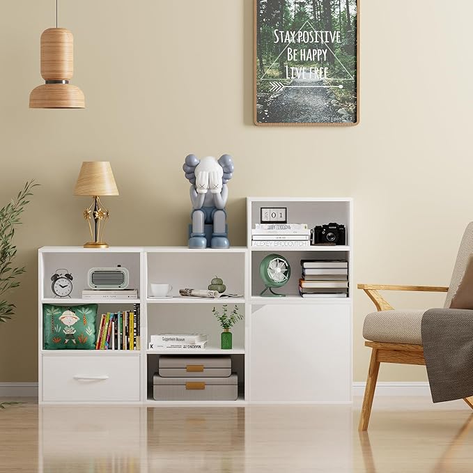 Garden 4 You Cube Storage Organizer, 3 Tiers Stackable Bookshelf, Wooden Display Bookcase With 3 Cubes, Small Cabinet for Living Room Bedroom, White-NeatNest