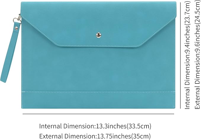 Wonderpool Envelope Case A4 PU Leather File Jacket Pocket Folder Document Case Bag with Removable Hand Strap and 4 Pocket for Documents Tablet Phone Stationery (Cyan)