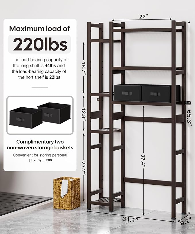 Homde Over The Toilet Storage with Basket and Drawer, Bamboo Bathroom Organizer with Adjustable Shelf & Waterproof Feet Pad, Space Saver Rack for Restroom, Laundry, Brown-NeatNest