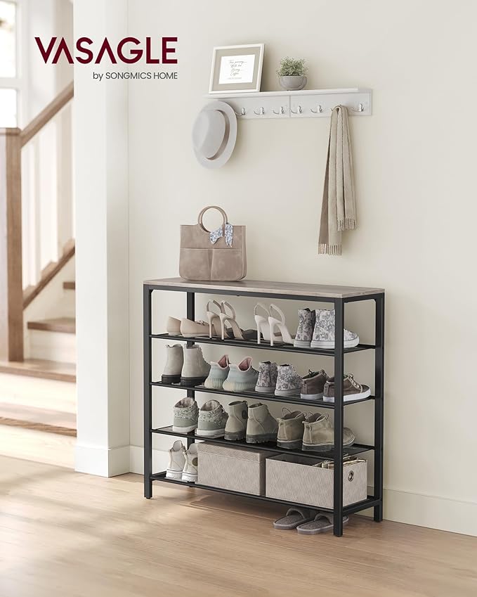 VASAGLE INDESTIC Shoe Rack, Organizer for Closet with 4 Mesh Shelves and Large Top for Bags, Entryway Hallway Shelf, Steel Frame, Industrial, Greige and Black ULBS015B02, 11.8 x 39.4 x 36.4 Inches-NeatNest