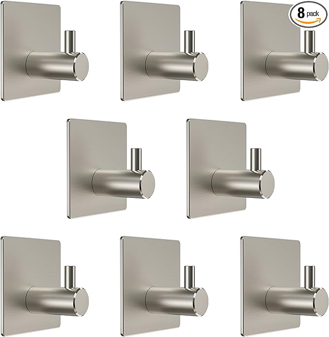 Brushed Nickel Self Adhesive Towel Hooks for Bathroom Wall Door Mounted - SUS304 Stainless Steel Strong Strips Stick on 3M Wall Hooks for Hanging Coat, Hat, Bag, Key, Jacket – 8 Pack-NeatNest