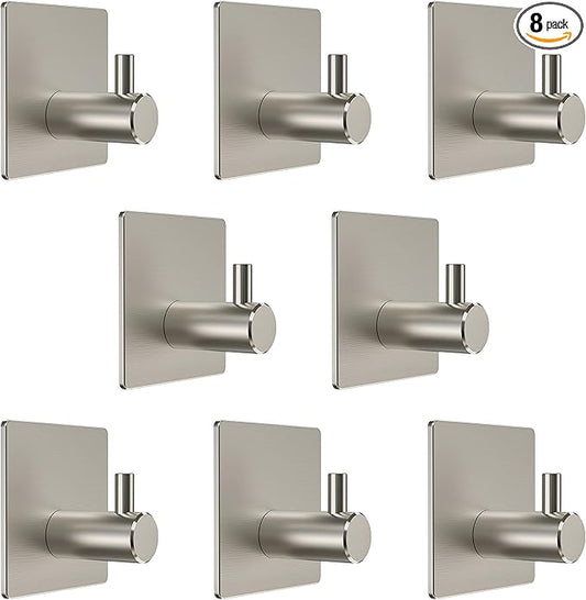 Brushed Nickel Self Adhesive Towel Hooks for Bathroom Wall Door Mounted - SUS304 Stainless Steel Strong Strips Stick on 3M Wall Hooks for Hanging Coat, Hat, Bag, Key, Jacket – 8 Pack-NeatNest
