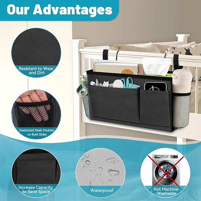 BlissTotes Bedside Caddy, Bedside Storage Organizer for Bunk Bed Accessories, Dorm Storage for Bedside Shelf and Bunk Bed Shelf, Bed Caddy for Home, Dorm, Bunk (Dark Gray, 1 Pack)-NeatNest