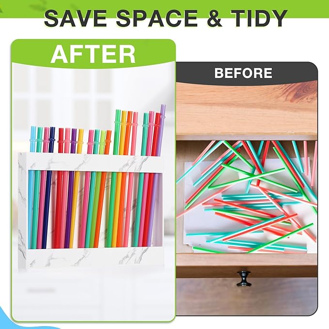 Acrylic Straw Holder for Cabinet Door with Double Sided Adhesive Tape Reusable Straw Organizer Tumbler Storage Kitchen Accessories Container for Counter Cupboard(Marble Texture,Large,White)