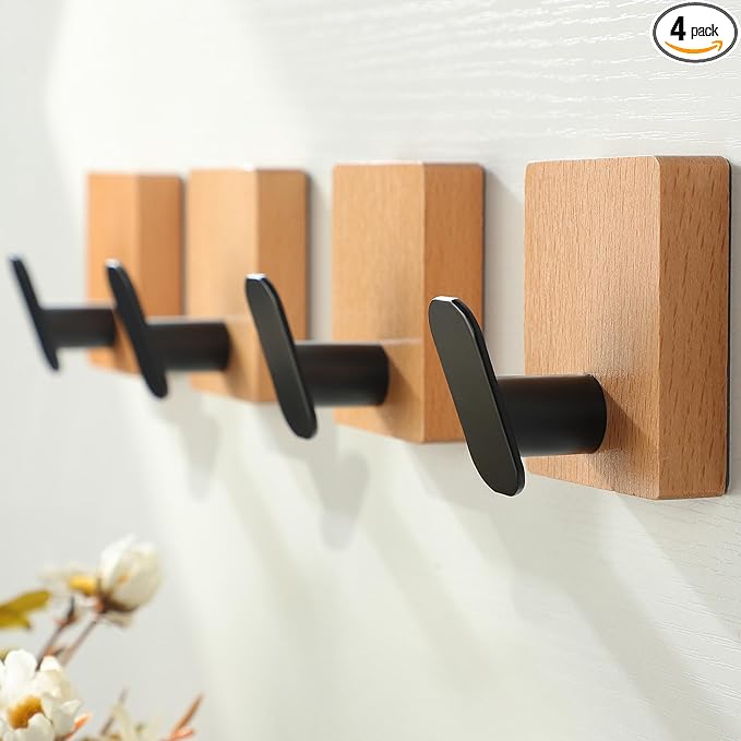 DELITON Towel Hooks Wall Mounted - Adhesive Bathroom Coat Hooks for Hanging Robes Clothes Light Brown, Black Solid Wood Beech Wall Hook 4 Packs-NeatNest