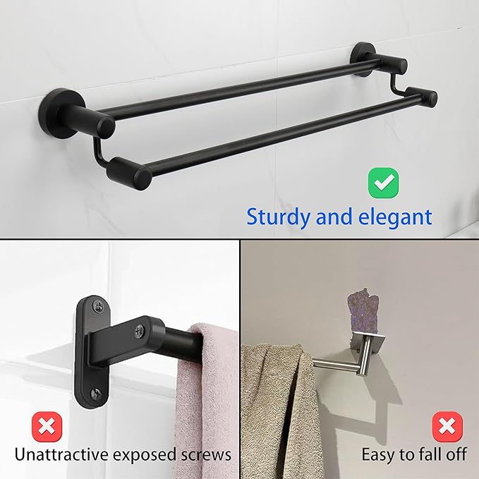 TocTen Double Bath Towel Bar - Thicken SUS304 Stainless Steel Towel Rack for Bathroom, Bathroom Accessories Double Towel Rod Heavy Duty Wall Mounted Towel Holder (Black,24IN)