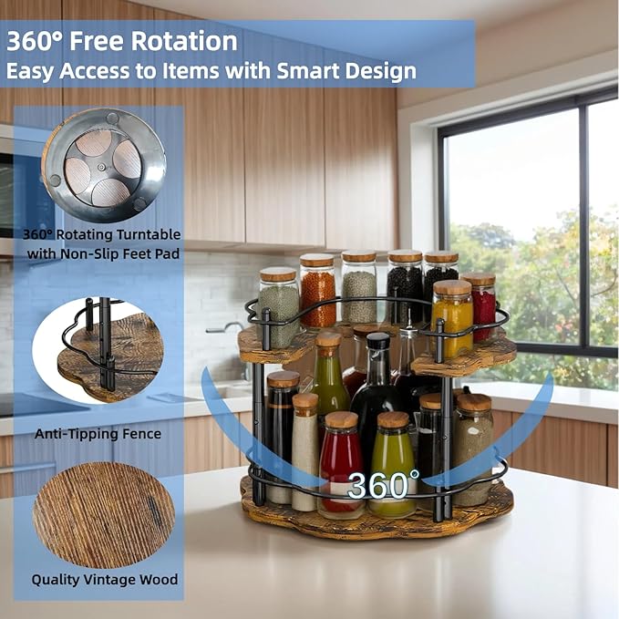 2-Tier Wooden Lazy Susan Turntable Organizer for Cabinet, Table Top, Kitchen, Pantry, Bathroom, Vanity Countertop, Rotating Wood Lazy Susans Rack for Spice, Seasoning Storage Organization(Petal)-NeatNest
