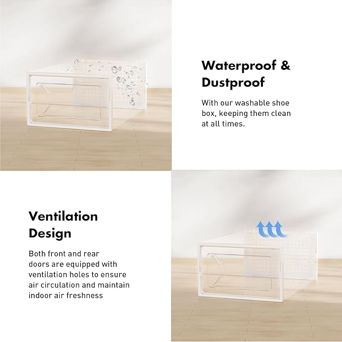 Shoe Storage Box, 15 Pack Clear Plastic Stackable Shoe Organizer for Closet, Interlocking Design Shoe Container Bins for Sneakers, Foldable Shoe Rack with Lids, White-NeatNest