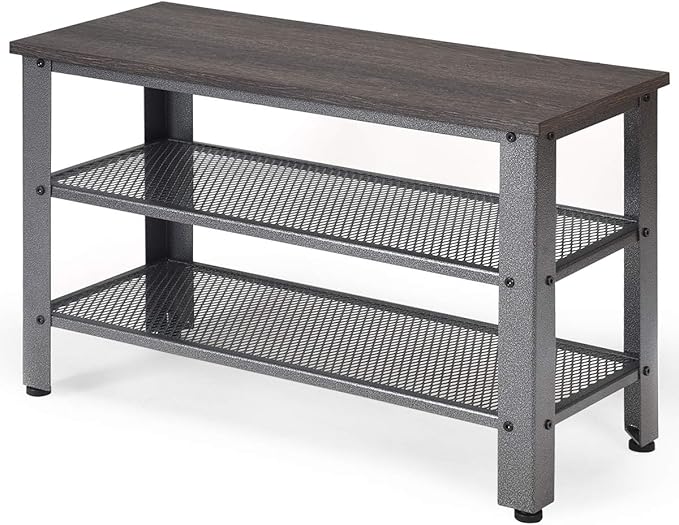Giantex 3-Tier Shoe Bench, Industrial Shoe Rack with 2 Mesh Storage Shelves for Entryway, Hallway, Bathroom or Living Room, Shoe Organizer (Gray)