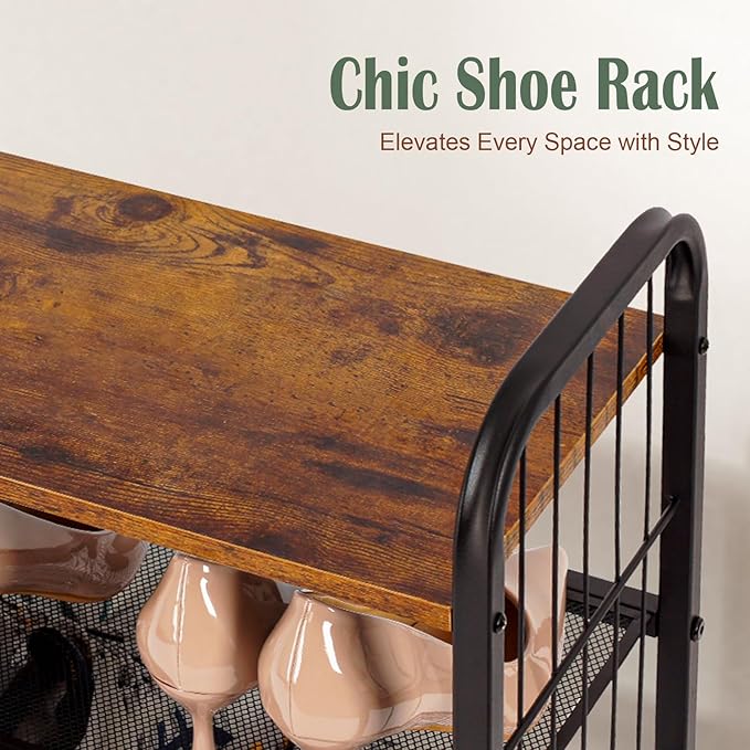 Shoe Rack, 3-Tier Shoe Organizer with Guardrails, Heavy-Duty Metal Mesh Shelves & Rustic Wooden Top for Stylish Closet & Front Door Storage-NeatNest