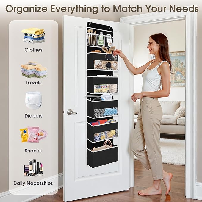 6-Tier Over The Door Organizer Hanging Storage Organizers with Clear Window 40lb Large Capacity Room Organizer for Pantry Bathroom Nursery Closet(Black)-NeatNest