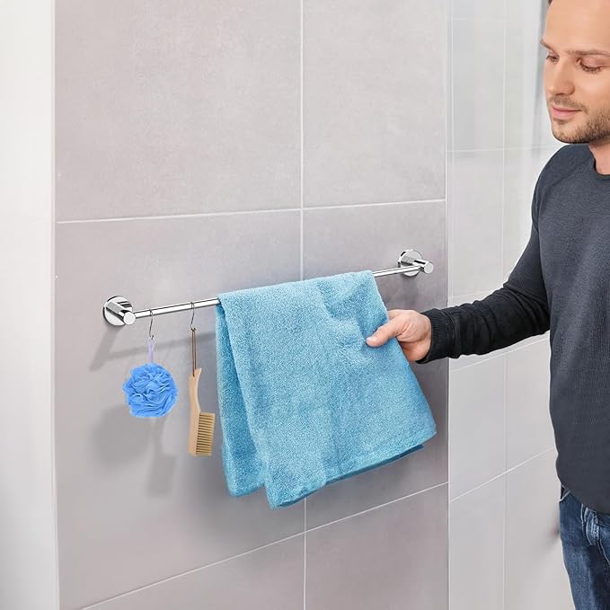 Adjustable Single Bath Towel Bar 16 to 27.6 Inch,ZUEXT Chrome Finished Stainless Steel Towel Holder Hanger,Retractable Wall Mounted Towel Rail for Bathroom Kitchen,1" Tube Towel Rail Rack w/S Hooks