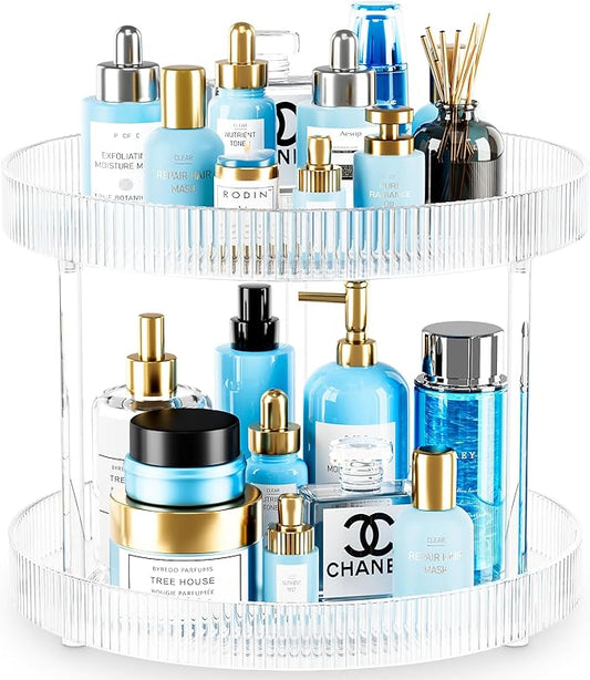 360° Clear Rotating Storage Tray, 2 Tier Lazy Susan Bathroom Countertop Organizer, Cosmetics and Perfume Organizer, Spinning Storage Tray Vanity Organizer Shelf for Bathroom Cabinet, Kitchen(Medium)-NeatNest