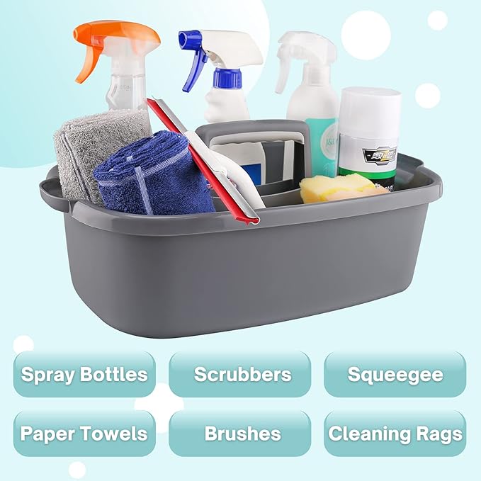 Cleaning Caddy Organizer with Handle, Gray Plastic Bucket for Cleaning Supplies Products, Cleaning Tool Storage Tote, 2 Pack-NeatNest